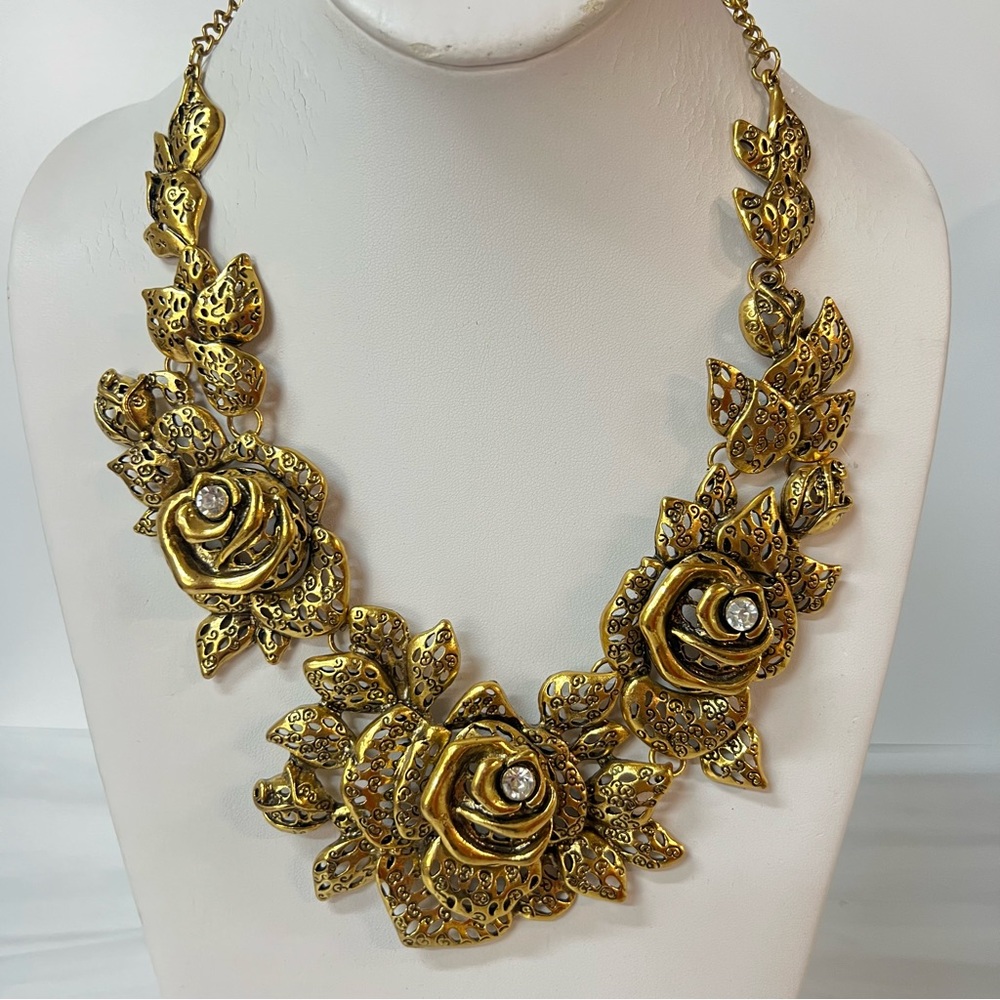 Large Rose Flower Necklace Gold Toned